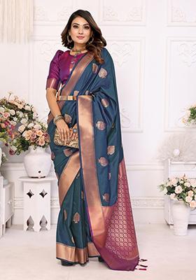 Navy Blue Zari Work Silk Saree Set
