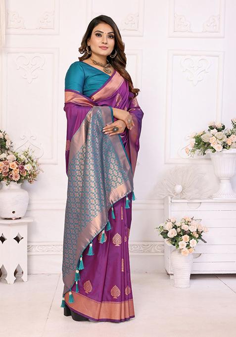 Purple Zari Work Silk Saree Set