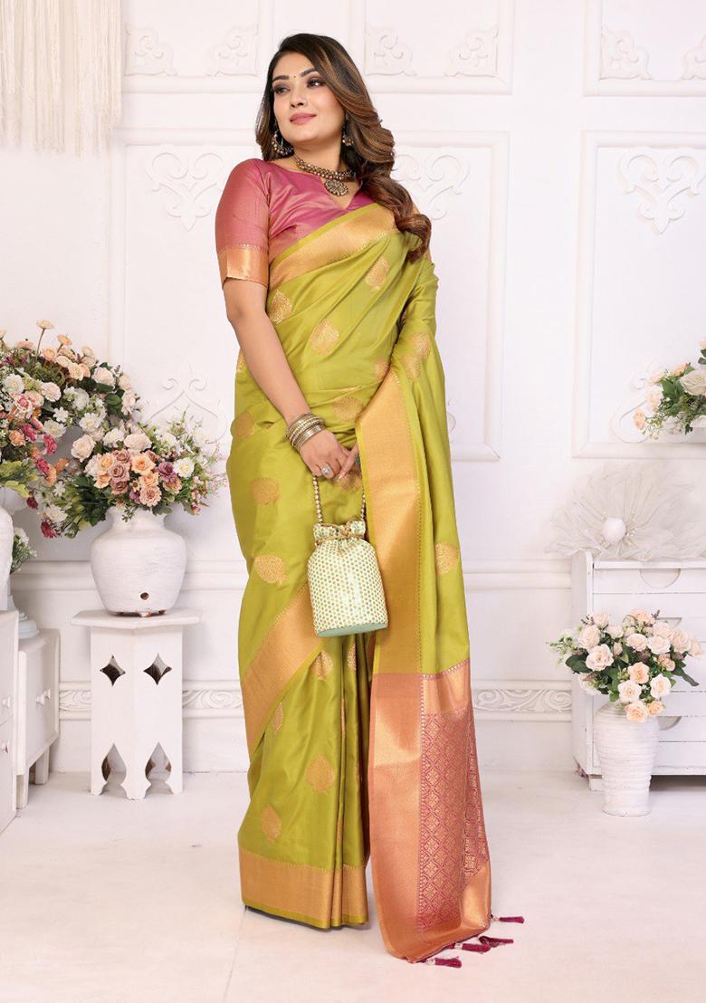 Light Green Zari Work Silk Saree Set