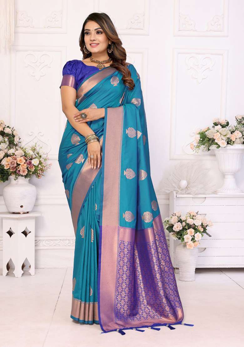 Dark Blue Zari Work Silk Blend Saree Set for Diwali and Festive Wear - Indya