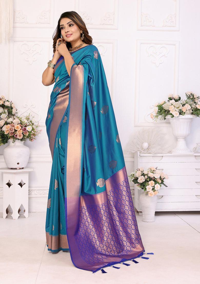 Dark Blue Zari Work Silk Saree Set
