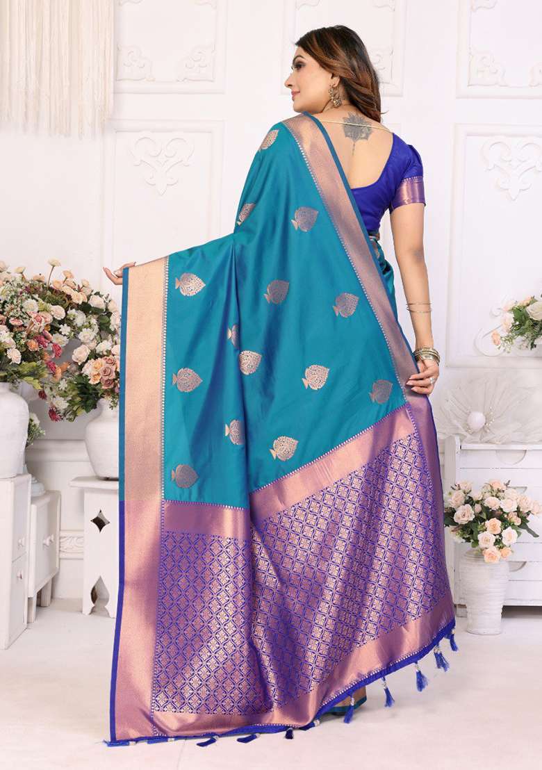 Dark Blue Zari Work Silk Blend Saree Set for Diwali and Festive Wear - Indya