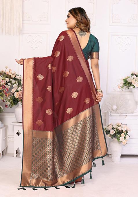Maroon Zari Work Silk Saree Set