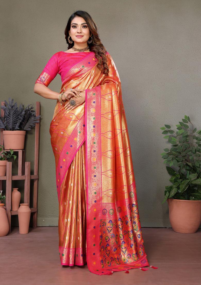 Orange Zari Work Silk Saree Set