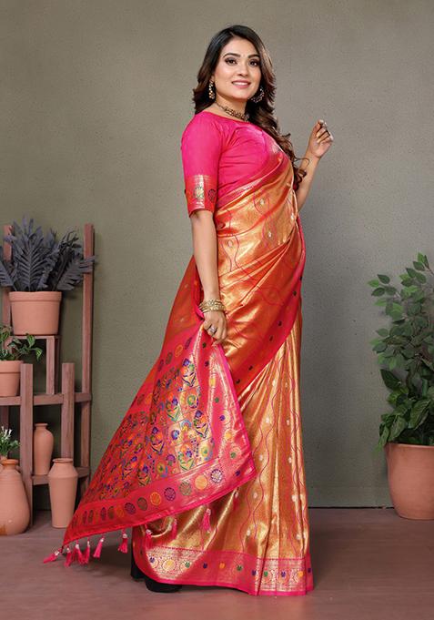 Orange Zari Work Silk Saree Set