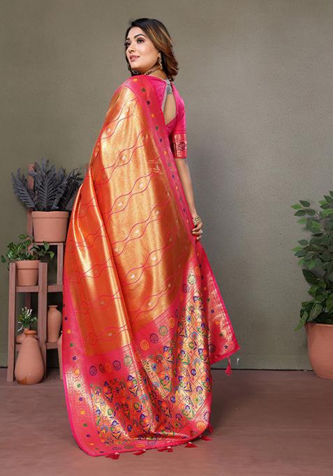 Orange Zari Work Silk Saree Set
