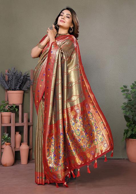 Dark Golden Zari Work Silk Saree Set