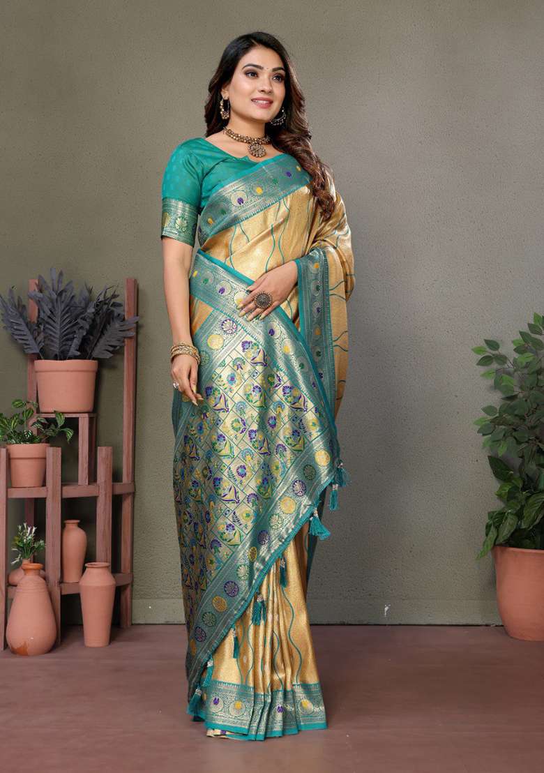 Golden Silk Blend Saree Set with Zari Work for Diwali | Wedding & Festive Wear - Indya