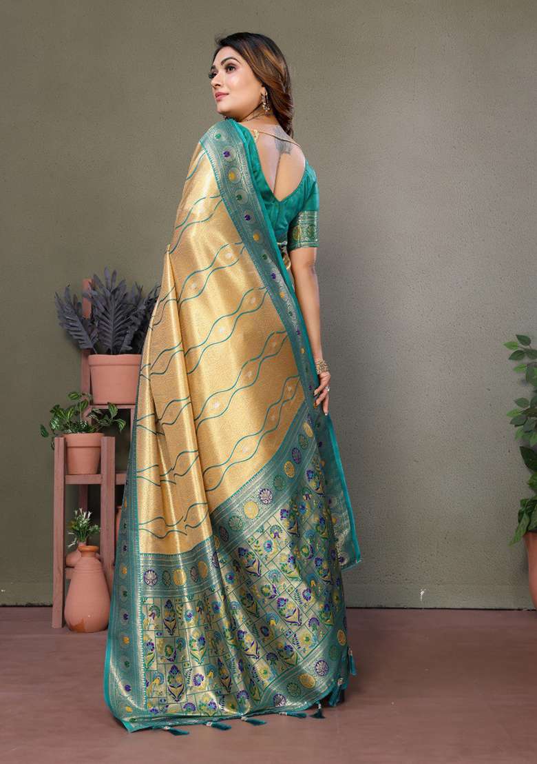 Golden Silk Blend Saree Set with Zari Work for Diwali | Wedding & Festive Wear - Indya