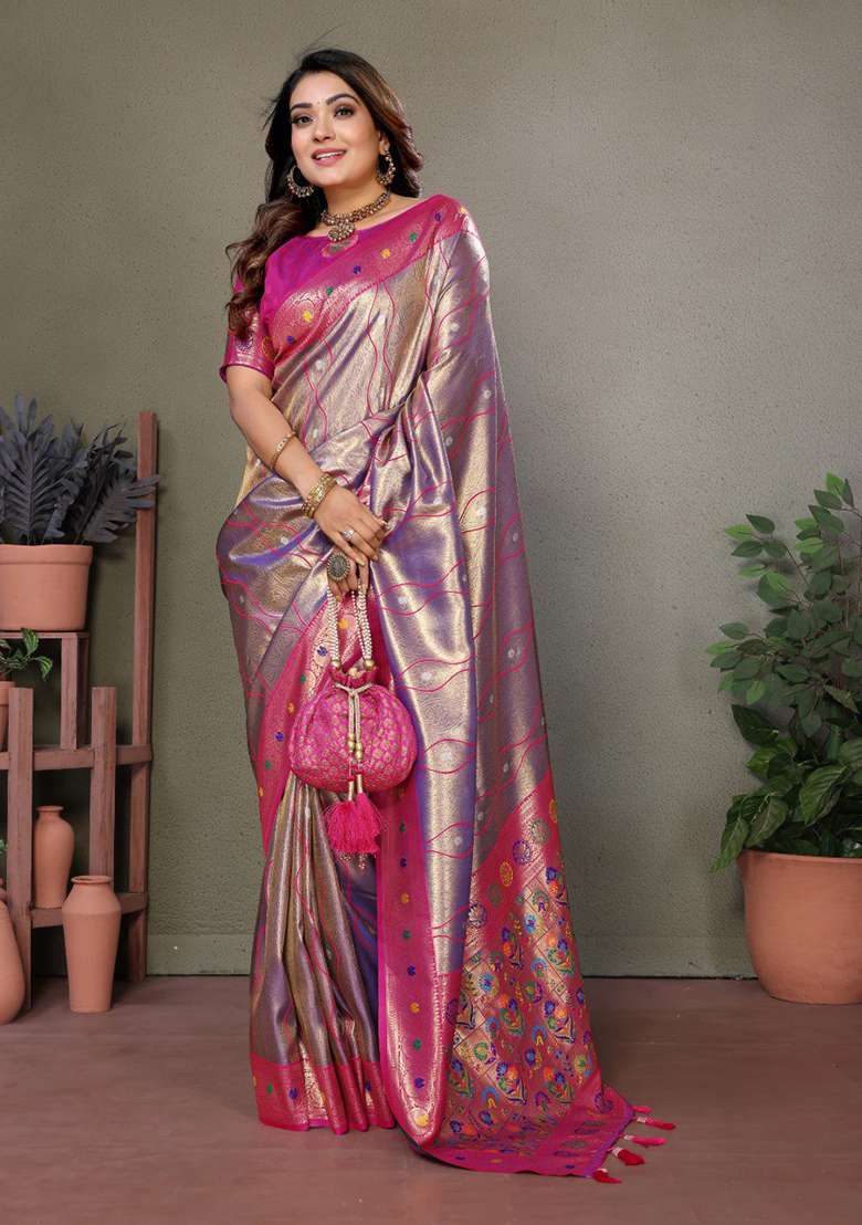 Lavender Zari Work Silk Blend Saree Set - Indya