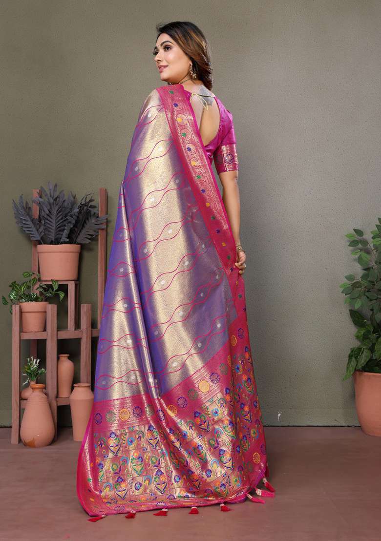 Lavender Zari Work Silk Blend Saree Set - Indya