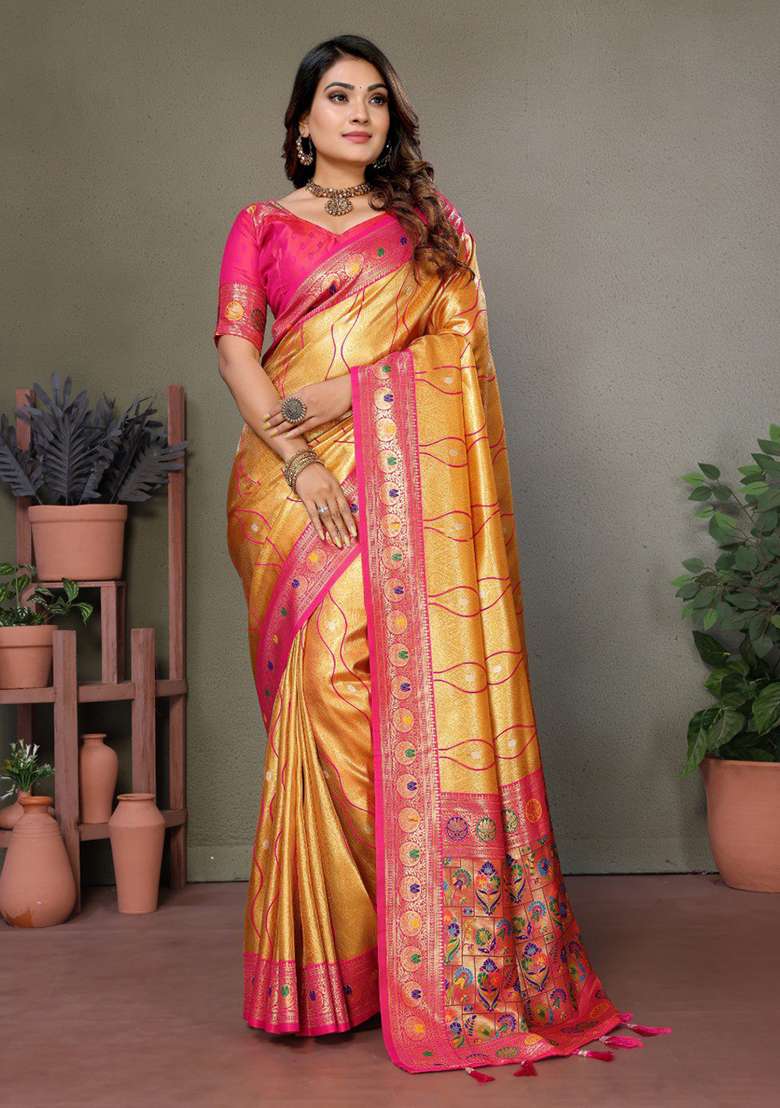 Golden Silk Blend Saree Set with Zari Work for Diwali | Wedding & Festive Wear - Indya