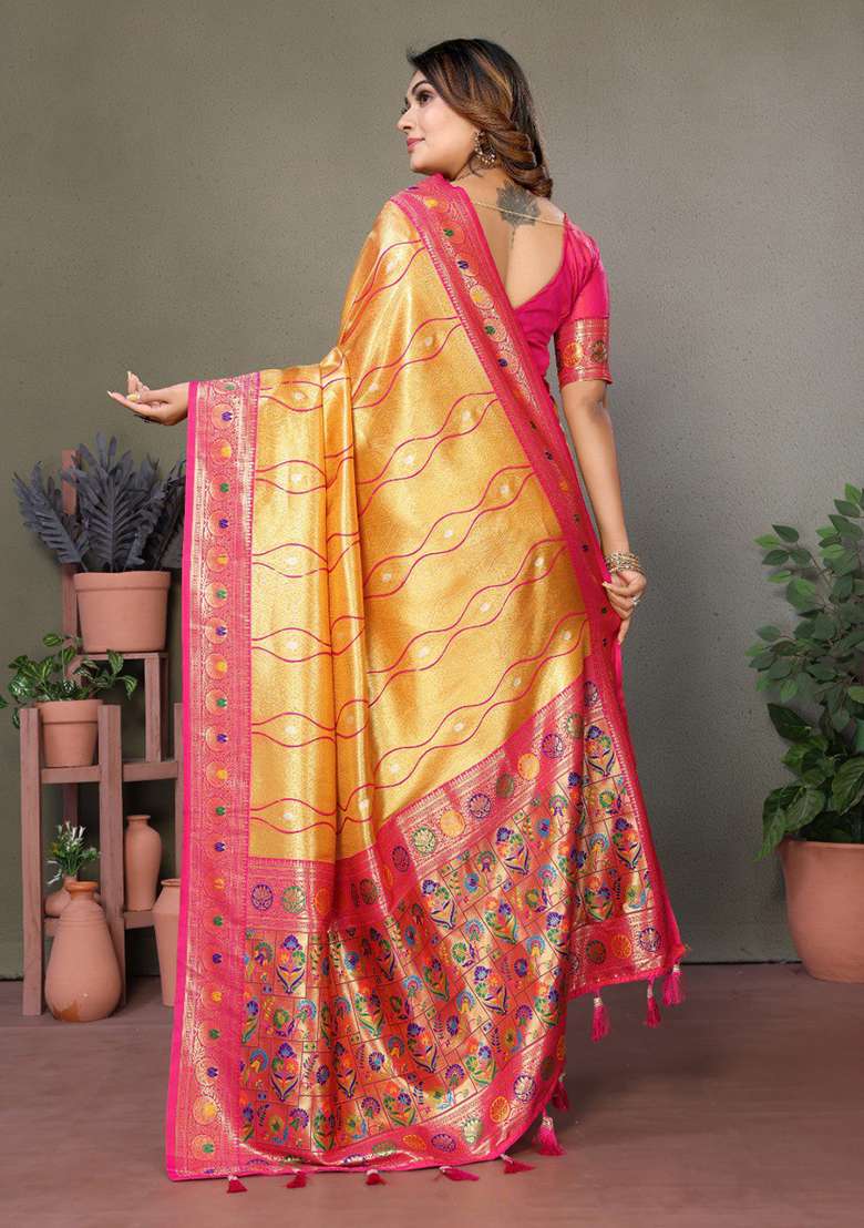 Golden Silk Blend Saree Set with Zari Work for Diwali | Wedding & Festive Wear - Indya