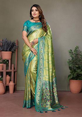 Light Green Zari Work Silk Saree Set
