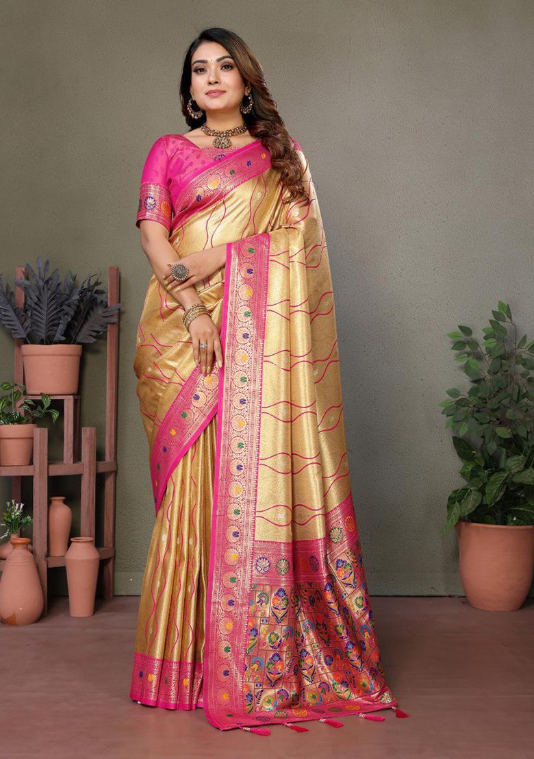 Light Golden Zari Work Silk Saree Set