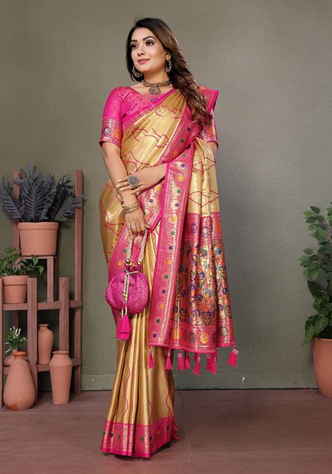 Light Golden Zari Work Silk Saree Set