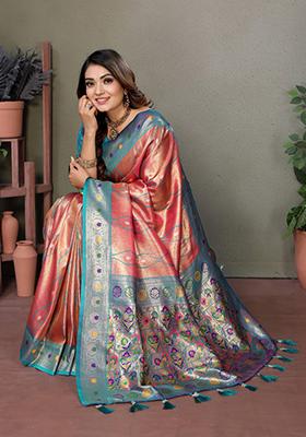 Light Red Zari Work Silk Saree Set