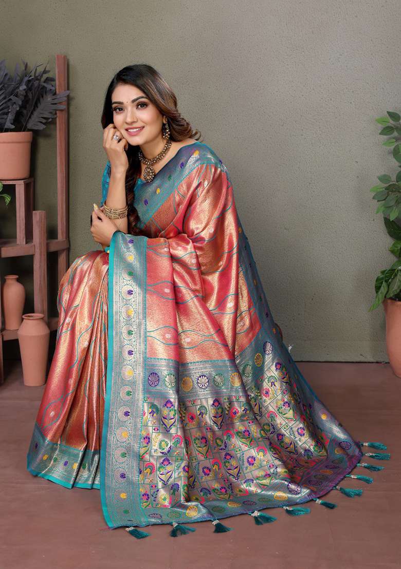 Light Red Zari Work Silk Blend Saree Set for Diwali and Festive Wear - Indya