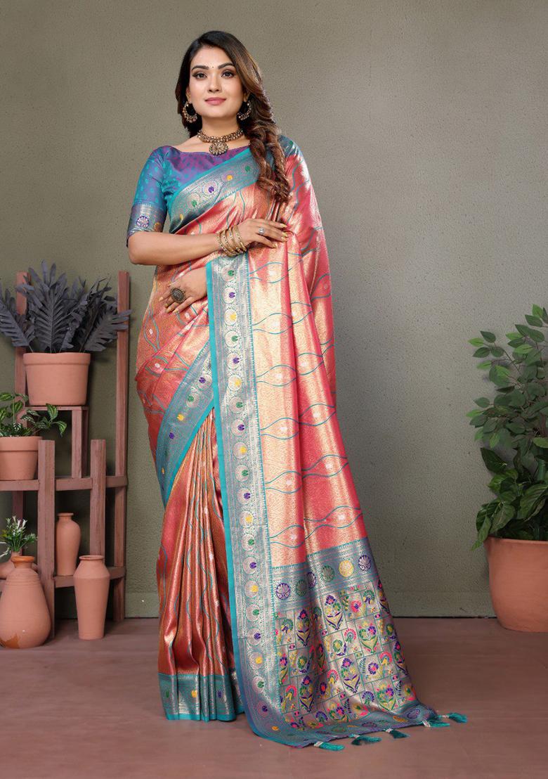 Light Red Zari Work Silk Saree Set