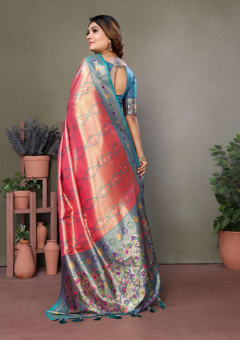 Light Red Zari Work Silk Blend Saree Set for Diwali and Festive Wear - Indya