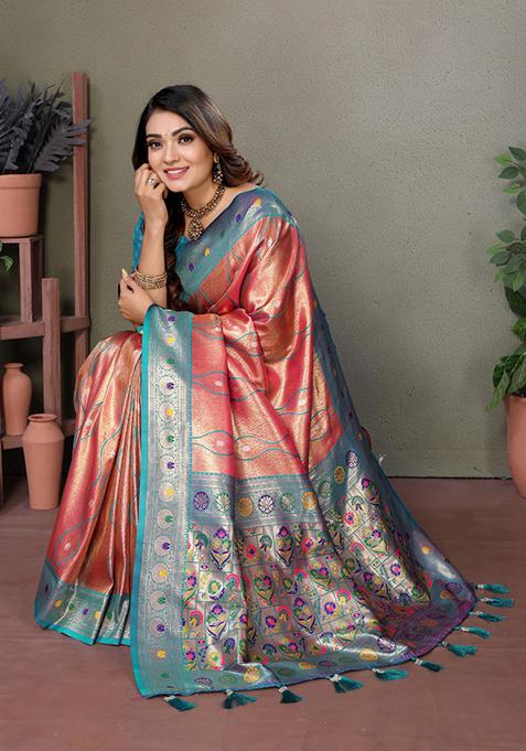 Light Red Zari Work Silk Saree Set