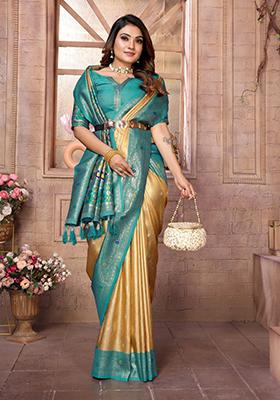 Dark Golden Zari Work Silk Saree Set
