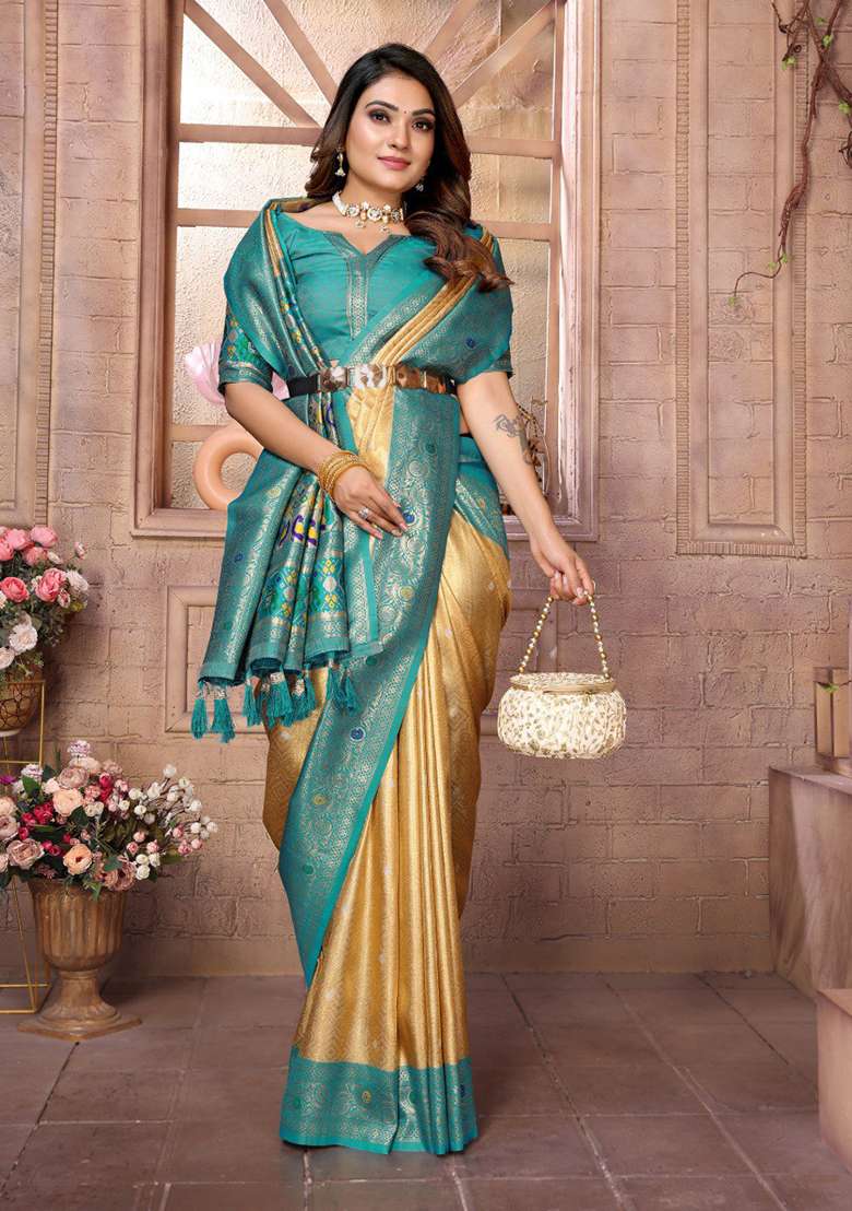 Dark Golden Zari Work Silk Blend Saree Set for Diwali and Festive Wear - Indya