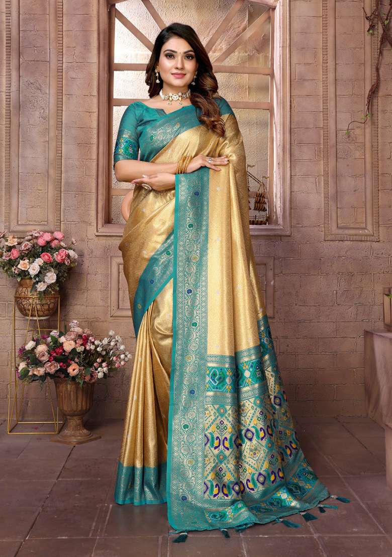 Dark Golden Zari Work Silk Blend Saree Set for Diwali and Festive Wear - Indya