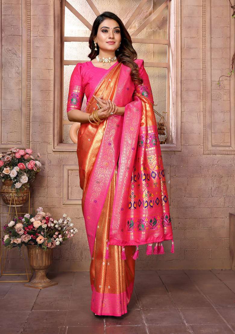 Dark Orange Silk Blend Saree Set with Zari Work for Diwali | Wedding & Festive Wear - Indya