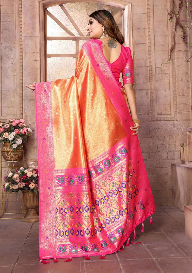 Dark Orange Silk Blend Saree Set with Zari Work for Diwali | Wedding & Festive Wear - Indya