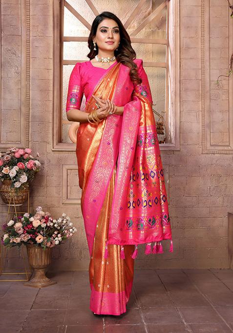 Dark Orange Zari Work Silk Saree Set