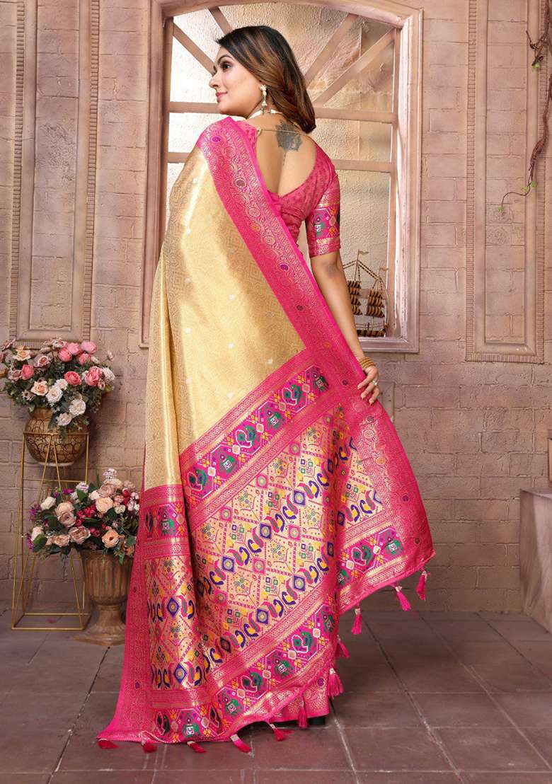 Light Golden Silk Blend Saree Set with Zari Work for Diwali | Wedding & Festive Wear - Indya