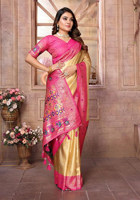 Light Golden Zari Work Silk Saree Set