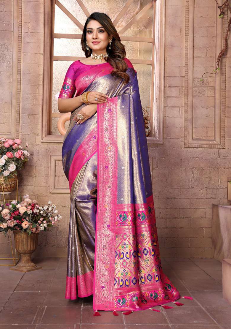 Lavender Zari Work Silk Blend Saree Set for Diwali and Festive Wear - Indya