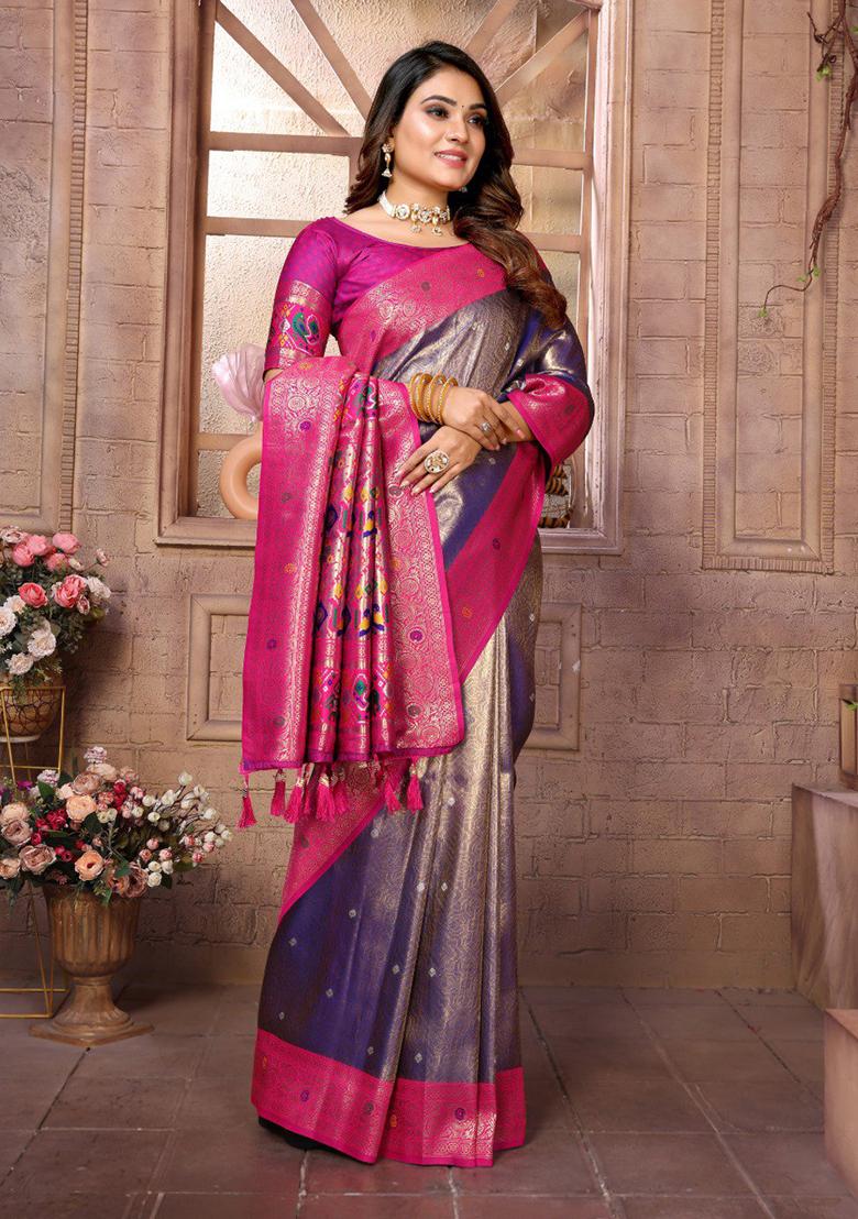 Lavender Zari Work Silk Saree Set