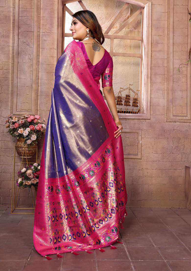 Lavender Zari Work Silk Blend Saree Set for Diwali and Festive Wear - Indya