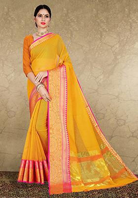 Yellow Zari Woven Cotton Silk Saree Set