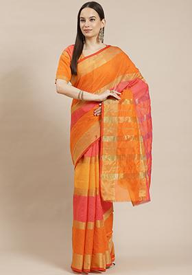 Orange And Pink Printed Cotton Silk Saree Set