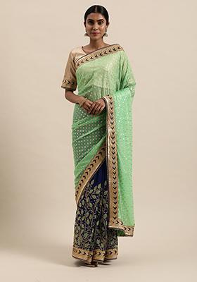 Green And Blue Embroidered Faux Georgette Saree Set