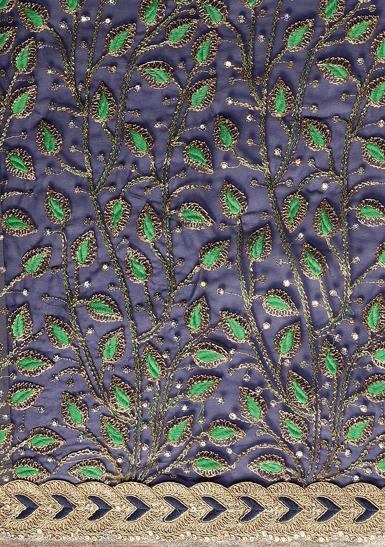 Green And Blue Embroidered Faux Georgette Saree Set