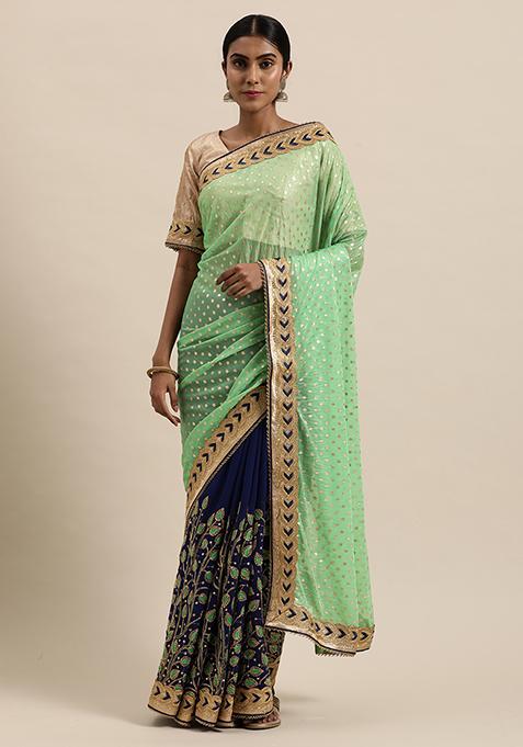 Green And Blue Embroidered Faux Georgette Saree Set