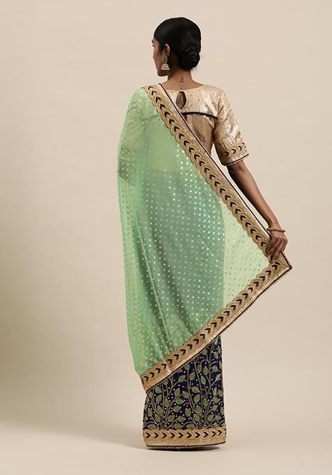 Green And Blue Embroidered Faux Georgette Saree Set