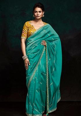 Ocean Green Hand Embroidered Tissue Silk Saree Set
