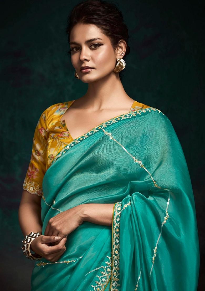 Ocean Green Hand Embroidered Tissue Silk Saree Set