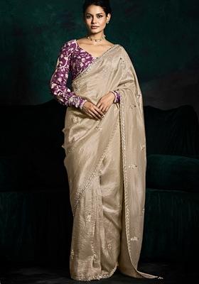 Cream Hand Embroidered Tissue Silk Saree Set