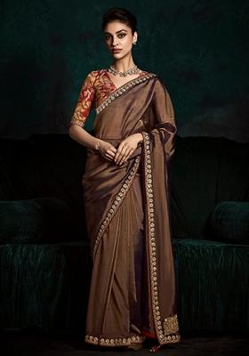 Coffee Brown Hand Embroidered Tissue Silk Saree Set