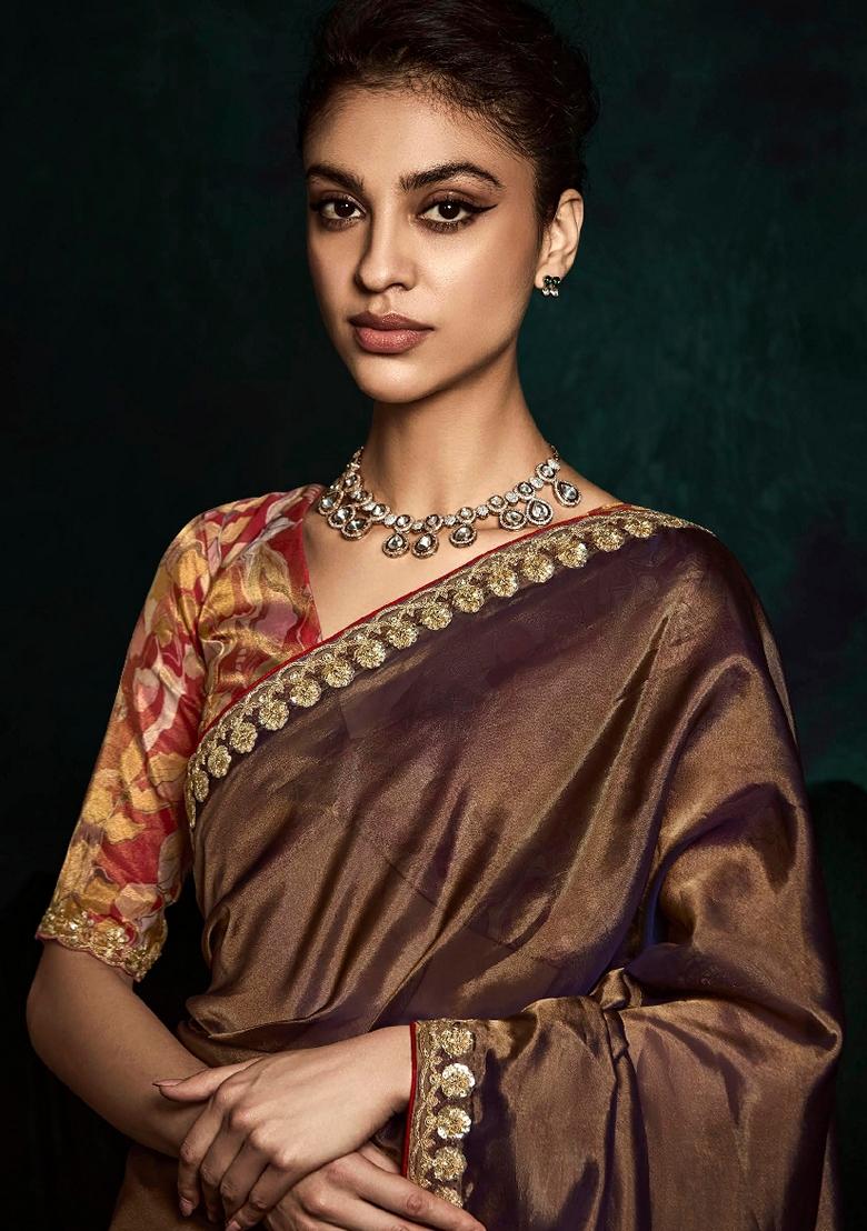 Coffee Brown Hand Embroidered Tissue Silk Saree Set