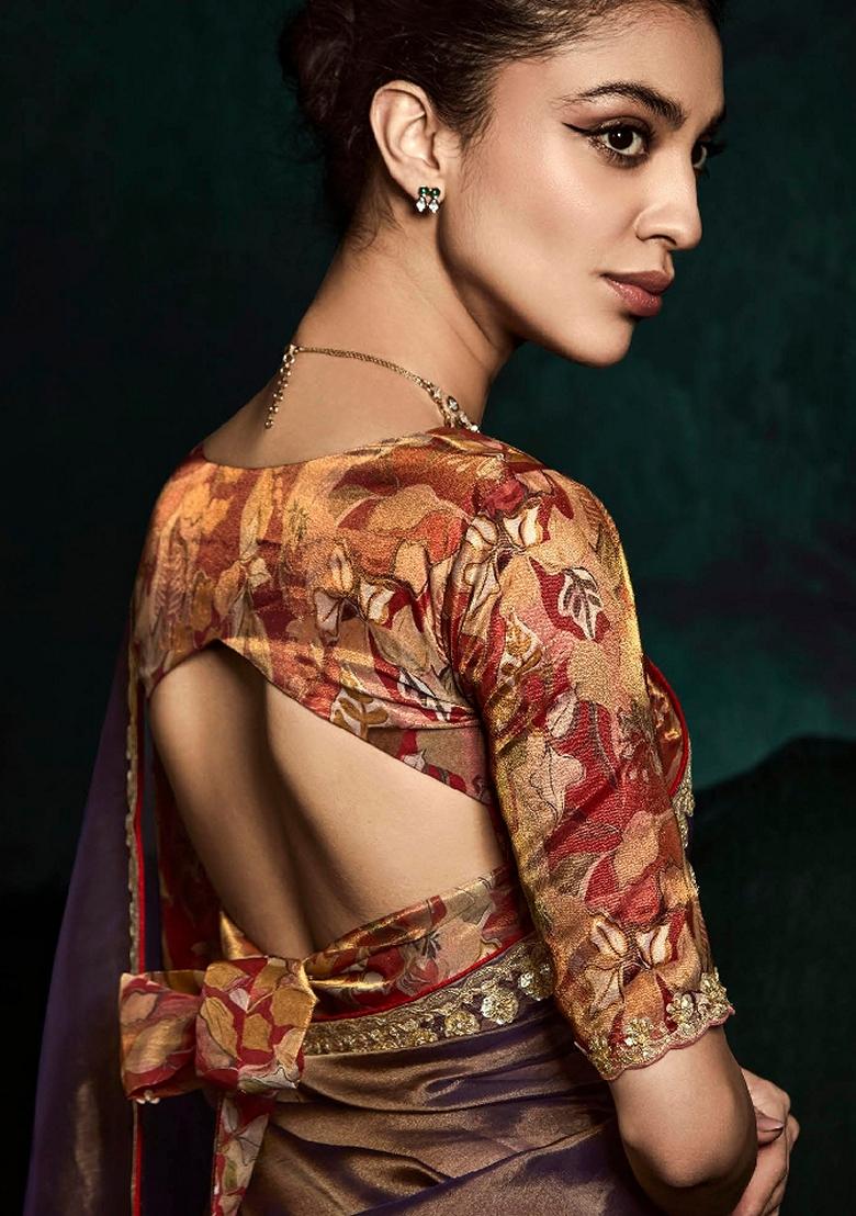 Coffee Brown Hand Embroidered Tissue Silk Saree Set