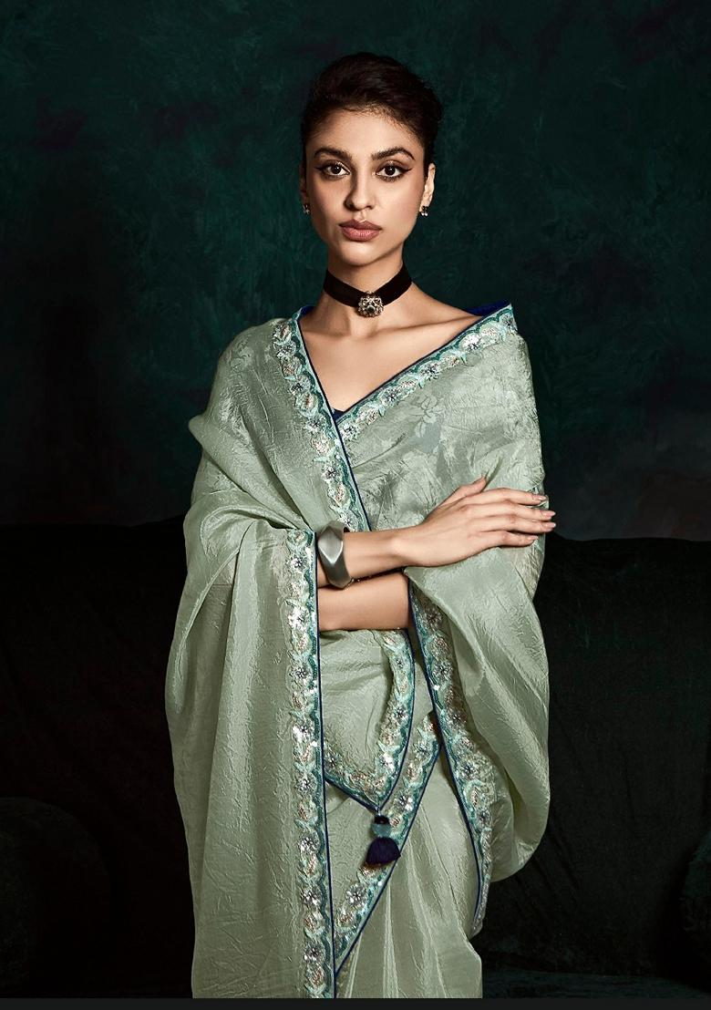 Sage Green Hand Embroidered Tissue Silk Saree Set