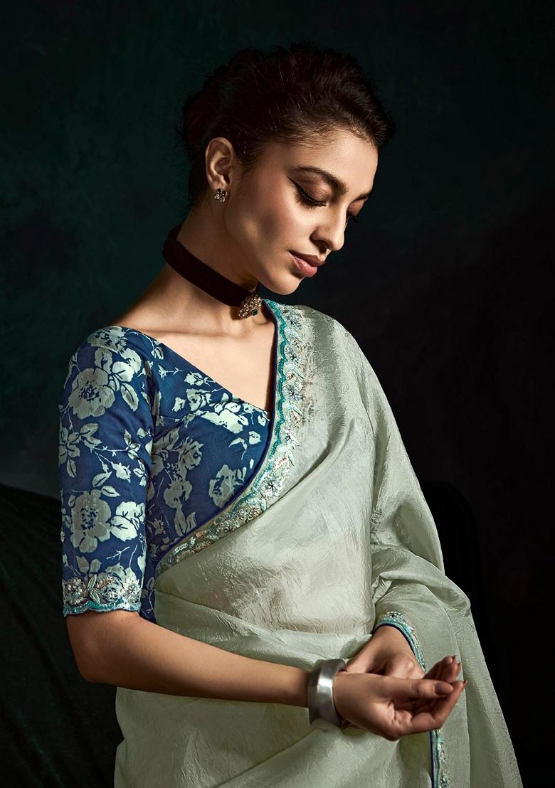 Sage Green Hand Embroidered Tissue Silk Saree Set